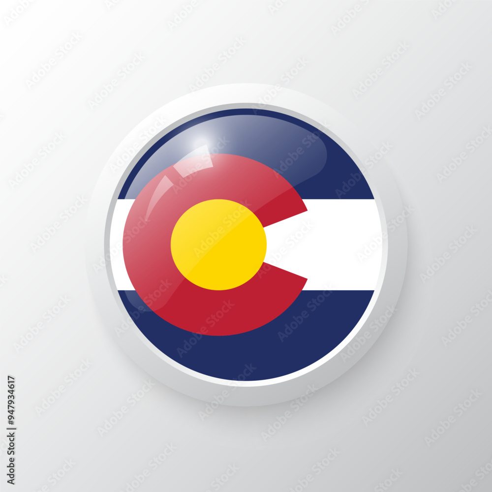 3D Button with Colorado flag. as round glossy icon on background isolated. Vector illustration eps 10.	
