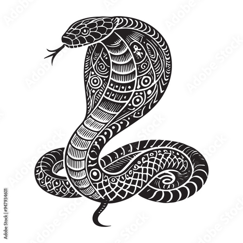 Cobra silhouette - King Cobra snake Clipart -  A Mystic Cobra illustration in black and white