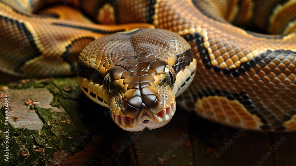 Close-up of a python with its head raised, displaying intricate scales and patterns Close-up of a python with its head raised, displaying intricate scales and patterns