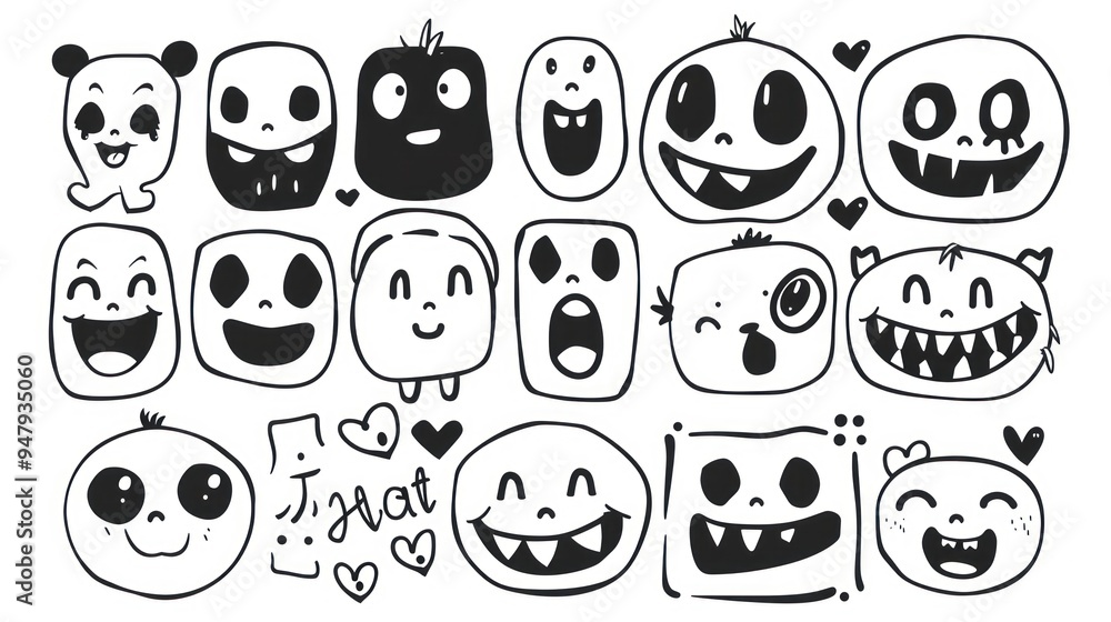 Collection of cute hand-drawn cartoon faces with different expressions. Collection of cute hand-drawn cartoon faces with different expressions.