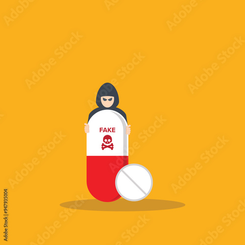 Fake medicine. Pill and tablet with criminal selling illegal drugs. Fake drugs, pharmaceutical. Symbolic for harmful counterfeit pills, risk and danger of illegal produced and sold pharmaceuticals.	