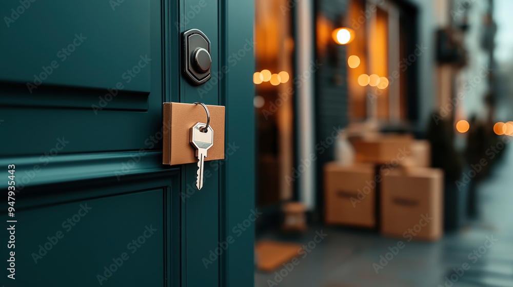 Obraz premium Close-up of teal door with key in lock, ajar with cardboard boxes in the background, suggesting moving or delivery. Warm lights create a welcoming atmosphere.