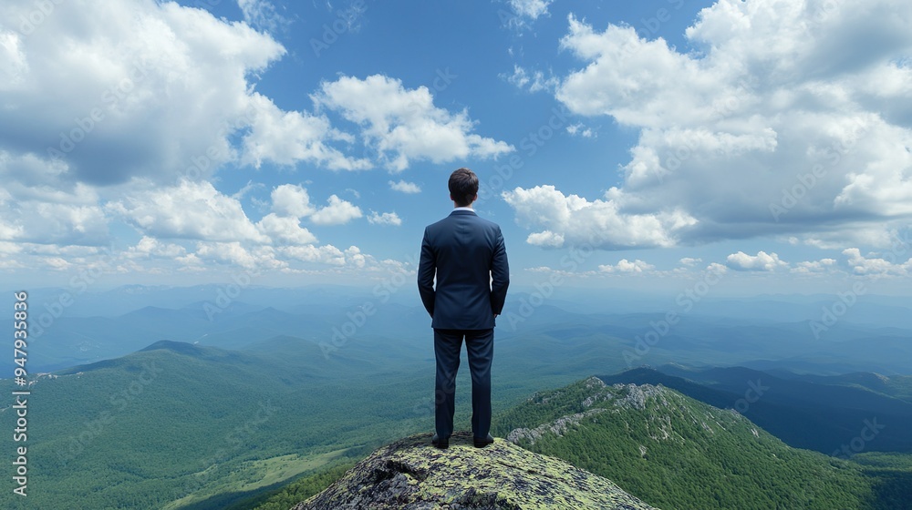 Businessman Standing on Rocky Outcrop Overlooking Remote Mountain Range and Cloudy Horizon Businessman Standing on Rocky Outcrop Overlooking Remote Mountain Range and Cloudy Horizon