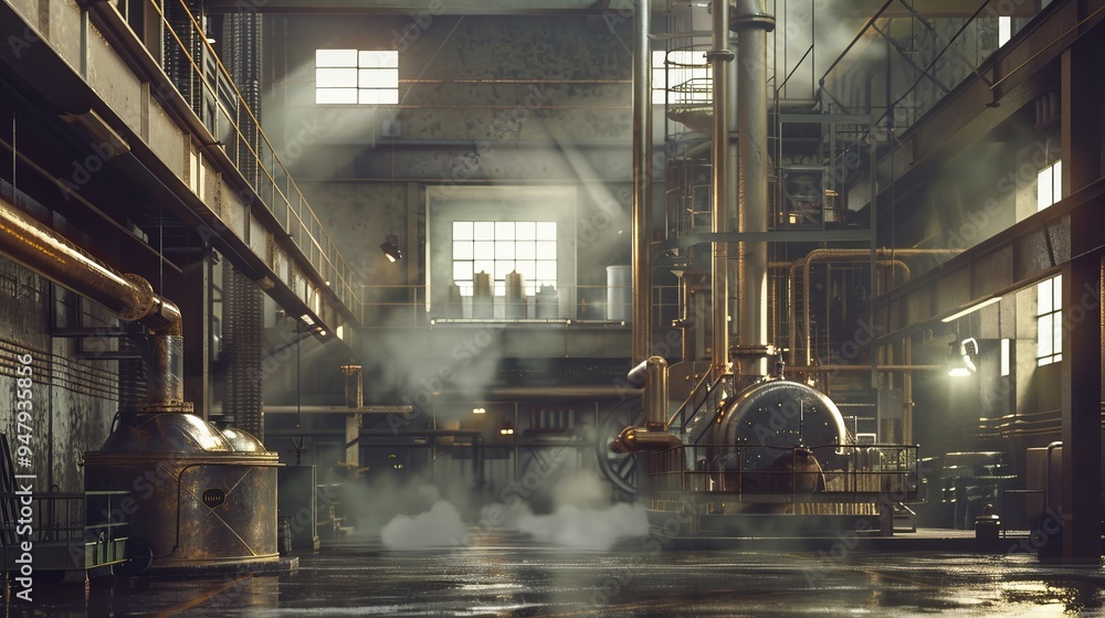 Fototapeta premium Industrial Elegance Captivating Steam and Machinery in a Sugar Refinery Crystallization Process