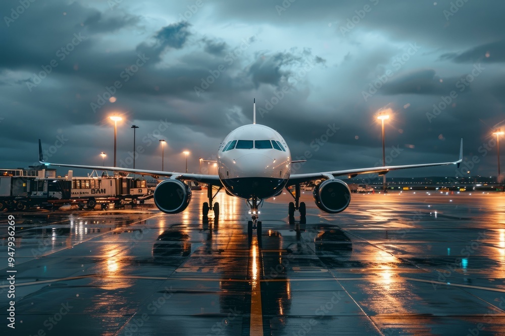 Passenger airplane is standing on a wet runway at night, with its landing lights on and a dramatic sky in the background Passenger airplane is standing on a wet runway at night, with its landing lights on and a dramatic sky in the background