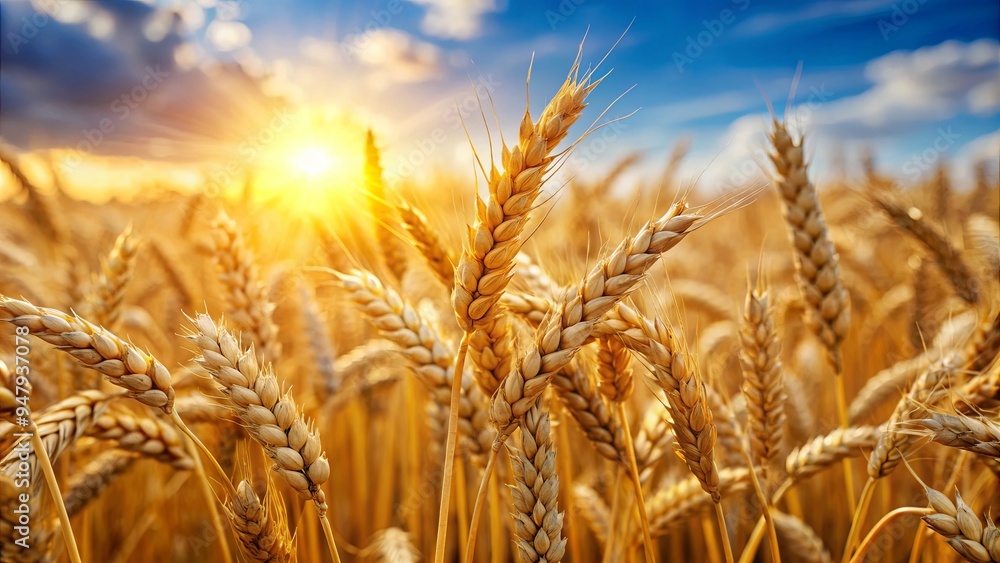 Close-up image of ripe wheat ears in a sunny field , agriculture, farming, growth, organic, nature, harvest, crop, plant, rural