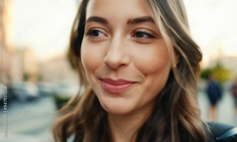 close up view to the face of a young woman smiling while talking, walking down the street close up view to the face of a young woman smiling while talking, walking down the street