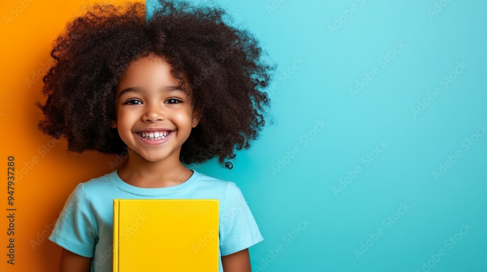Smiling Girl with Book and Backpack Ready for School Day Against Colorful Background Smiling Girl with Book and Backpack Ready for School Day Against Colorful Background