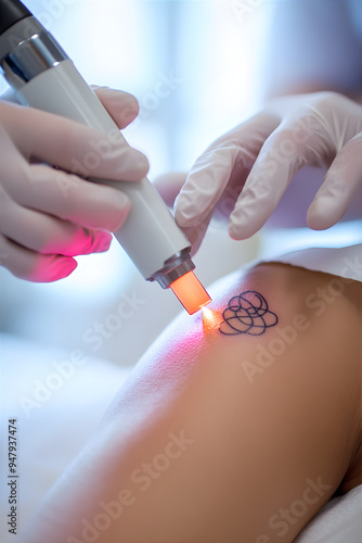 Removing a tattoo from the skin of a patient close-up. Doctor removes tattoo from skin with laser. Medicine concept. 