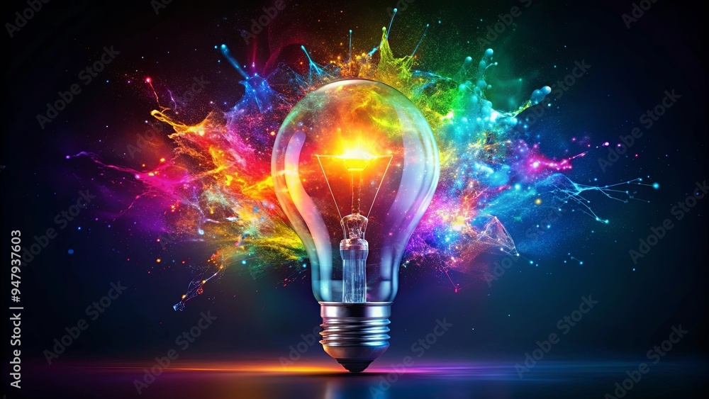 Colorful light bulb exploding , shattered, burst, vibrant, explosion, shattered glass, burst of color, bright Colorful light bulb exploding , shattered, burst, vibrant, explosion, shattered glass, burst of color, bright