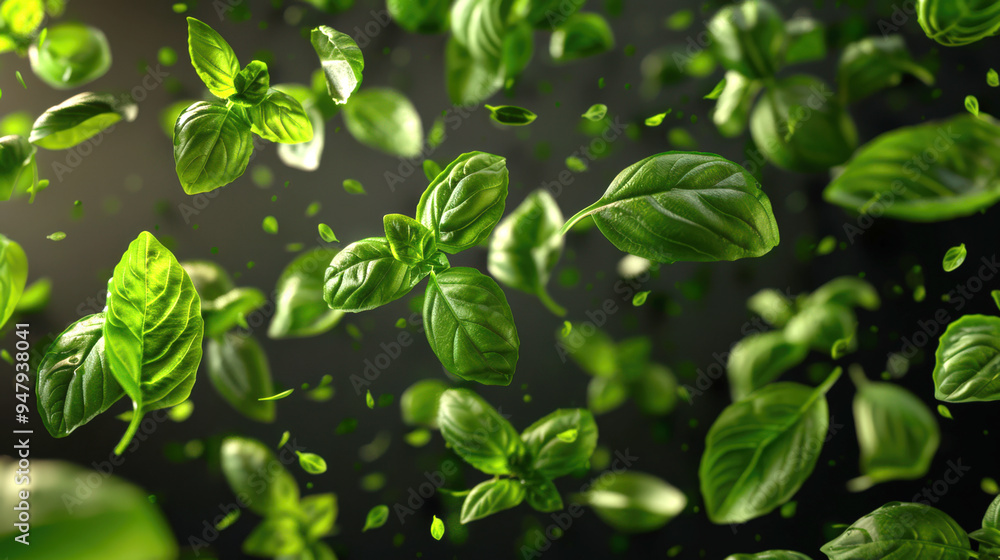 Natural organic Italian seasoning for pizza and other dishes. Bunches of green basil leaves are floating in the air Natural organic Italian seasoning for pizza and other dishes. Bunches of green basil leaves are floating in the air