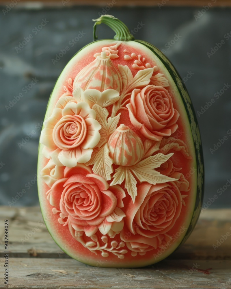 Watermelon carved into intricate floral design, showcasing artistic skill and edible beauty. Watermelon carved into intricate floral design, showcasing artistic skill and edible beauty.