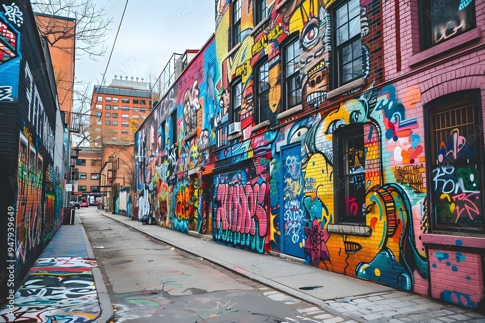 Fototapeta premium Vibrant Urban Alleyway Adorned with Colorful Street Art and Graffiti