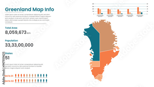 Greenland political map of administrative divisions states, Colorful states  in Greenland map infographic, Greenland Map Info, Greenland Population.