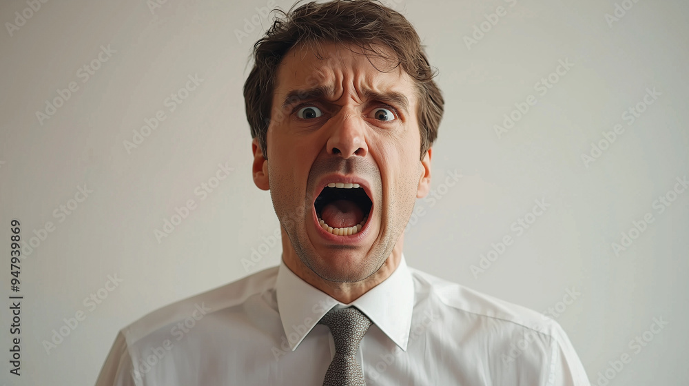 An male office worker shouting, showing anger and frustration, isolated on a white background An male office worker shouting, showing anger and frustration, isolated on a white background