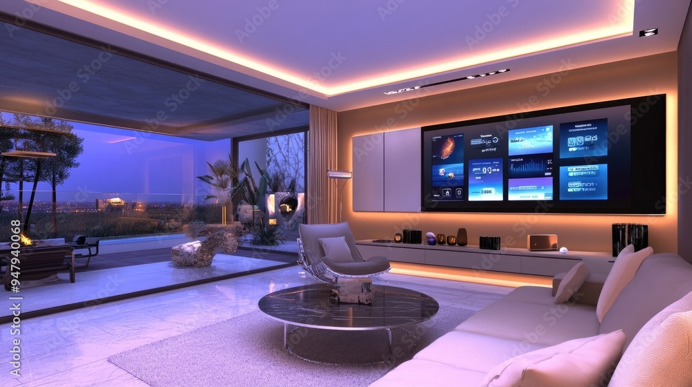Modern Living Room with High-Tech Smart Home Control Panel Modern Living Room with High-Tech Smart Home Control Panel