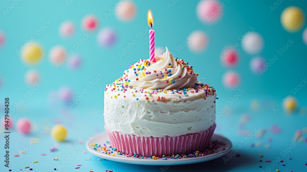 A delicious cupcake topped with white frosting, colorful sprinkles, and a single lit candle on a pastel blue background perfect for birthday celebrations, party invitations, and festive decorations, A delicious cupcake topped with white frosting, colorful sprinkles, and a single lit candle on a pastel blue background perfect for birthday celebrations, party invitations, and festive decorations,