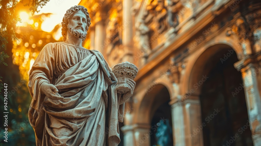 A marble statue of a bearded man in flowing robes stands in front of an ornate, sunlit architectural background, perfect for use in historical, cultural, or travel-related content, A marble statue of a bearded man in flowing robes stands in front of an ornate, sunlit architectural background, perfect for use in historical, cultural, or travel-related content,