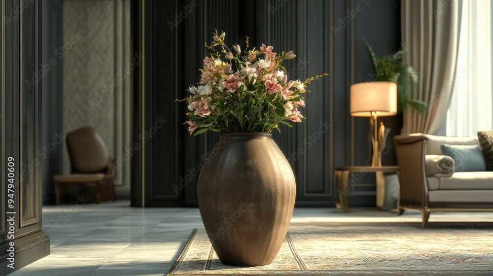 Mesmerizing big pottery vase with flowers, elegantly displayed in a luxurious room with a realistic background, exuding sophistication Mesmerizing big pottery vase with flowers, elegantly displayed in a luxurious room with a realistic background, exuding sophistication