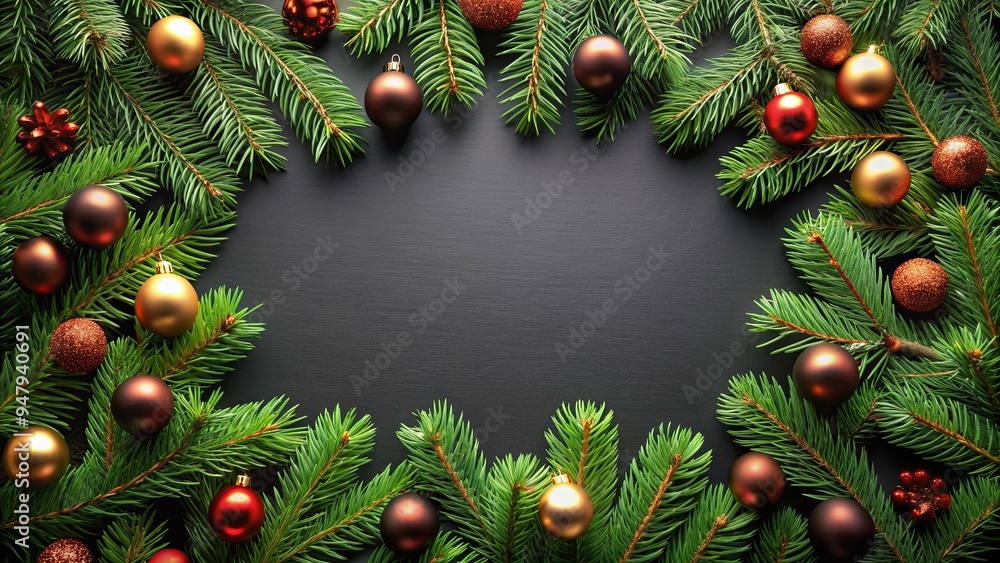 Christmas ornaments frame with fir branches on a black background, Christmas, ornaments, frame, fir branches Christmas ornaments frame with fir branches on a black background, Christmas, ornaments, frame, fir branches