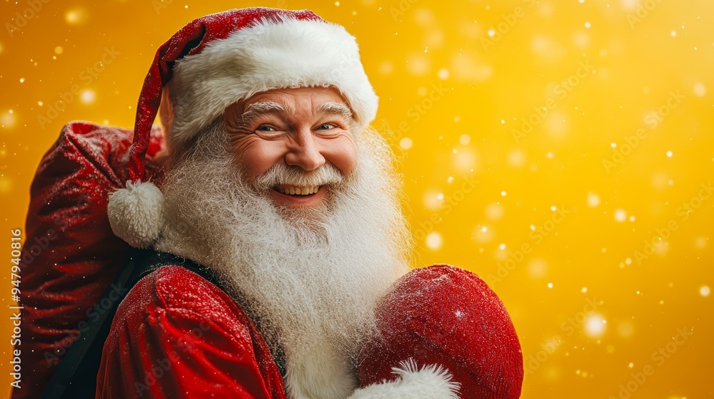A joyful Santa Claus with a white beard, in a red suit, smiling against a festive yellow background with falling snowflakes, perfect for Christmas promotions, holiday greetings A joyful Santa Claus with a white beard, in a red suit, smiling against a festive yellow background with falling snowflakes, perfect for Christmas promotions, holiday greetings