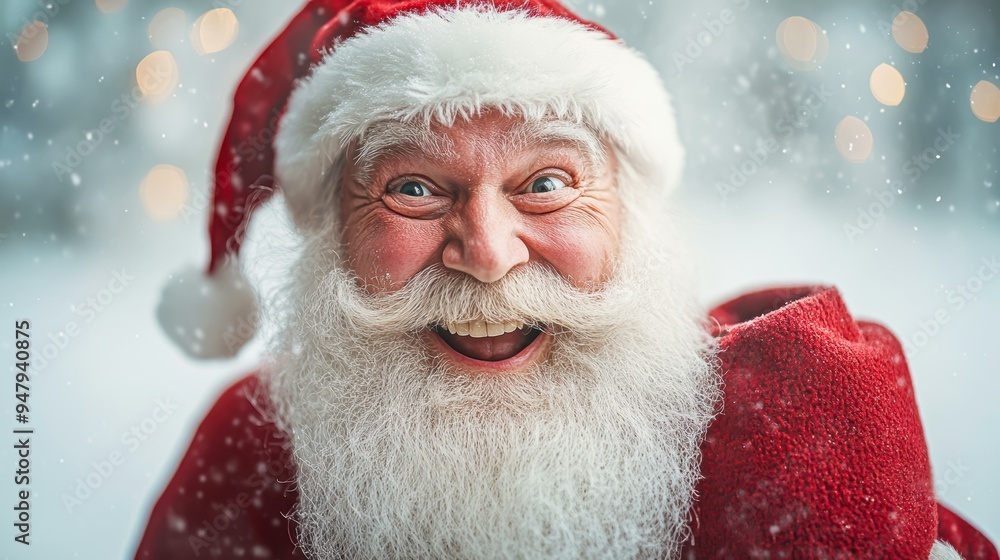 A cheerful Santa Claus smiling with a snowy background, perfect for holiday promotions, greeting cards, and festive advertisements, A cheerful Santa Claus smiling with a snowy background, perfect for holiday promotions, greeting cards, and festive advertisements,