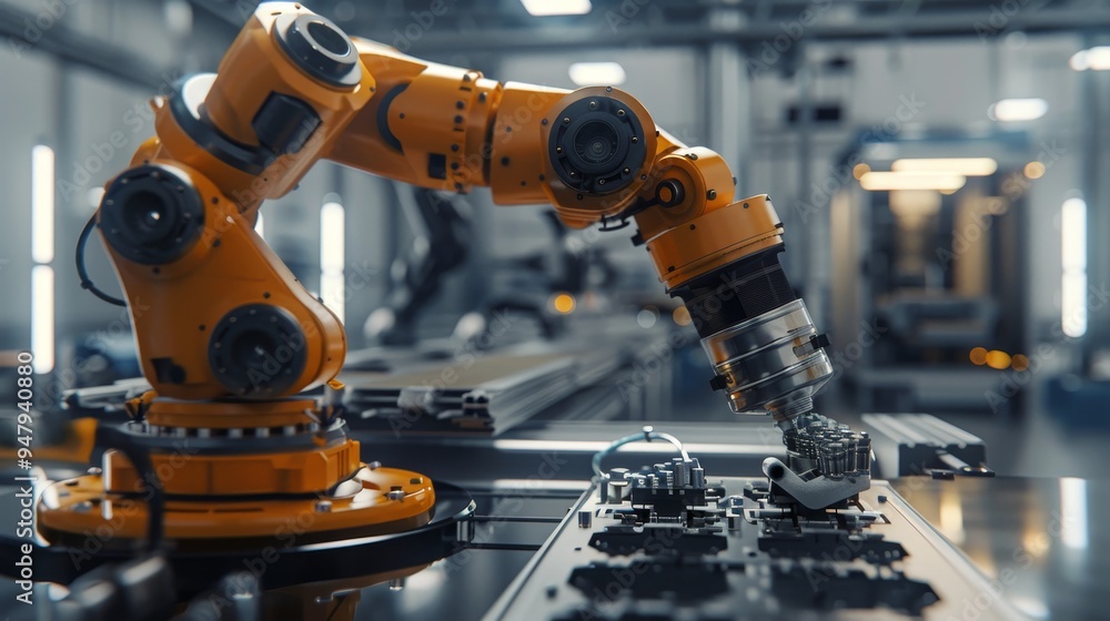 Precision in Motion Industrial Robot Arm at Work in Modern Factory Setting Precision in Motion Industrial Robot Arm at Work in Modern Factory Setting