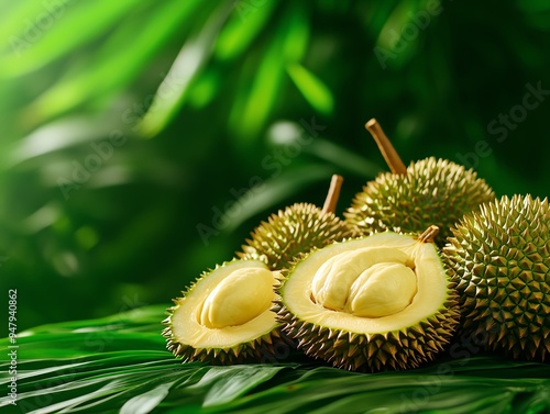 A collection of exotic durian fruits with their spiky outer shells, one cut open to show the creamy, custardlike interior, set against a lush tropical backdrop