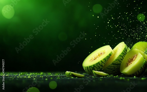 A collection of unique African horned melons, some sliced to show the bright green, jellylike interior, placed on a stone surface photo