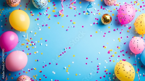 Colorful balloons and confetti spread across a vibrant blue background, perfect for celebrations, festive invitations, or party-themed social media posts, photo