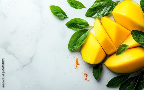 A collection of unique horse mangoes, cut open to reveal the soft, golden interior, scattered on a marble countertop with fresh herbs photo