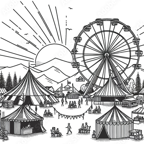A lively summer festival scene with simple tents
