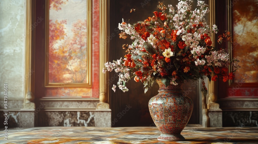 Fototapeta premium Mesmerizing patterned big vase with flowers, set in a luxurious room with an elegant, realistic background, creating a beautiful scene