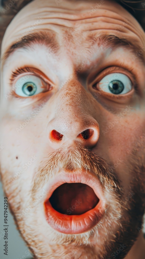 Fototapeta premium Close-up of a man's face with wide open eyes and mouth in shock.