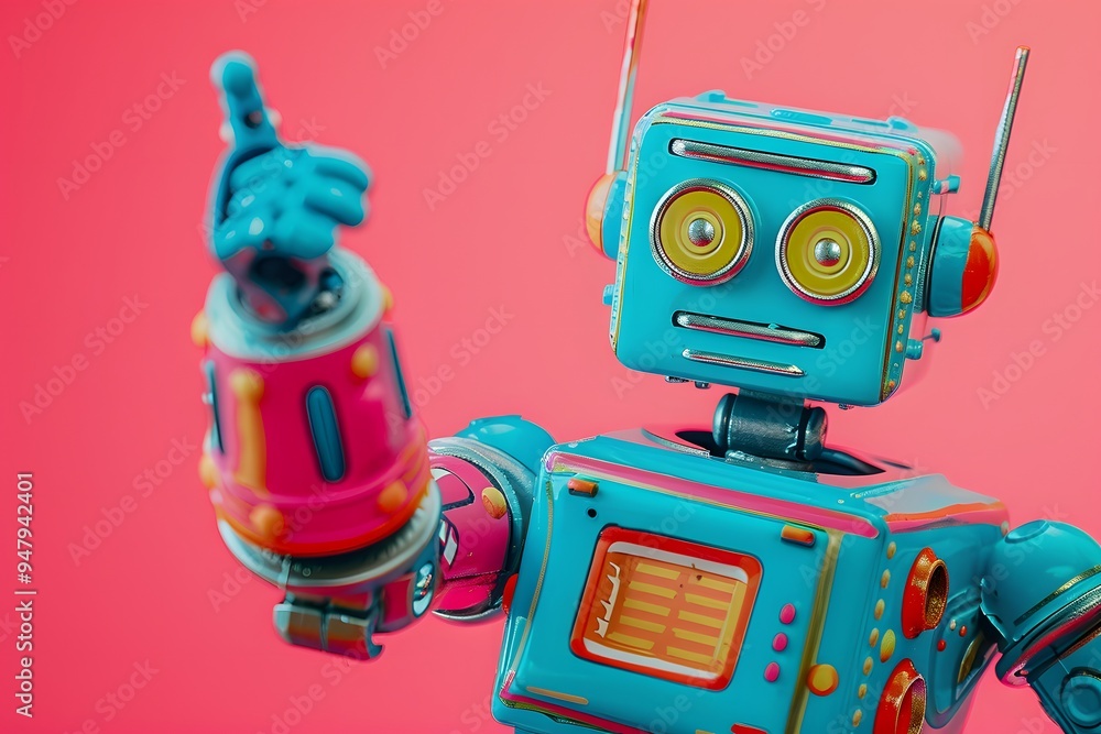 Colorful Retro Robot with a Playful Gesture Against a Pink Background Colorful Retro Robot with a Playful Gesture Against a Pink Background