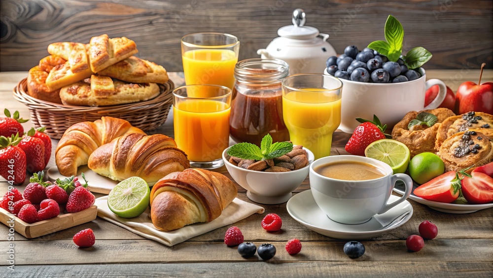 A delicious continental breakfast spread with a variety of pastries, fruits, and beverages , buffet, morning, continental A delicious continental breakfast spread with a variety of pastries, fruits, and beverages , buffet, morning, continental