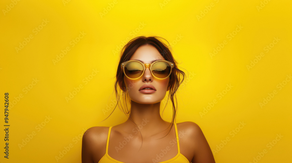 a woman wearing stylish sunglasses against a bright yellow background. a woman wearing stylish sunglasses against a bright yellow background.