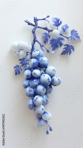 Blue and white porcelain grape cluster with leaves. photo