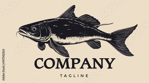 traditional hand drawn illustration of catfish fish
for fishing logo design template branding business brand company