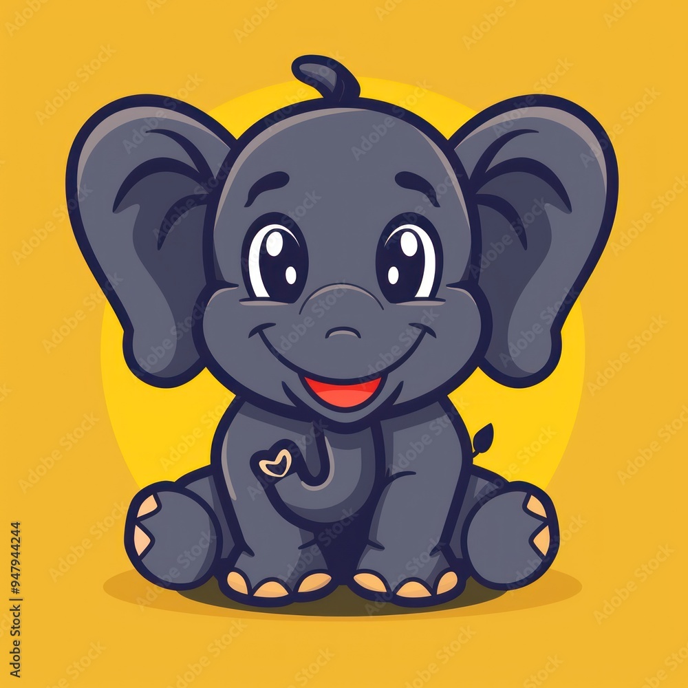 Cute cartoon elephant with big eyes and a smile sitting on a yellow background. Cute cartoon elephant with big eyes and a smile sitting on a yellow background.