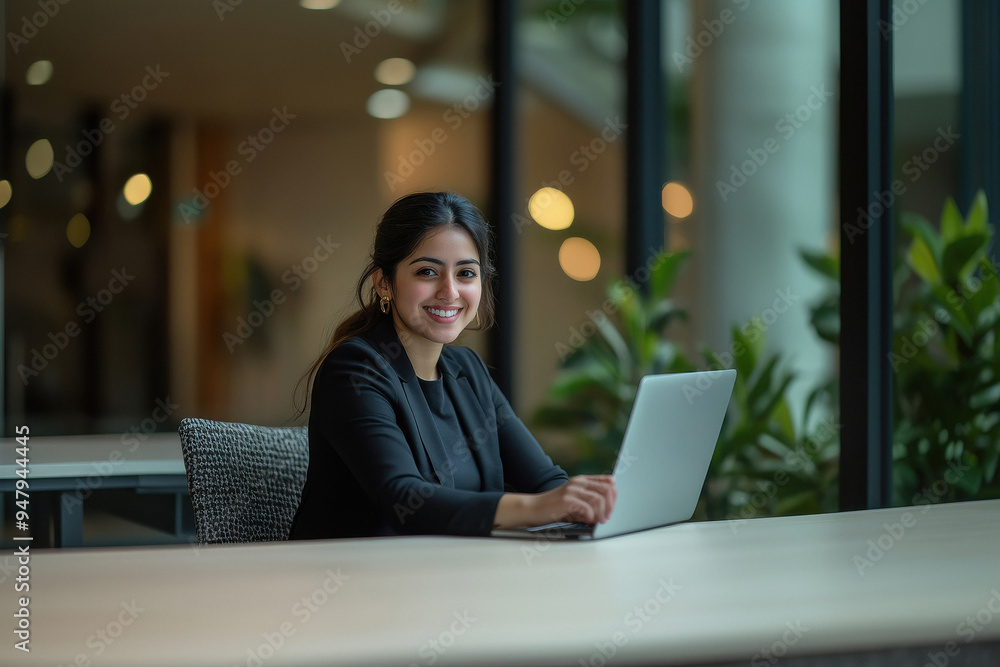 Young businesswoman looking front side and smiling while using laptop Young businesswoman looking front side and smiling while using laptop