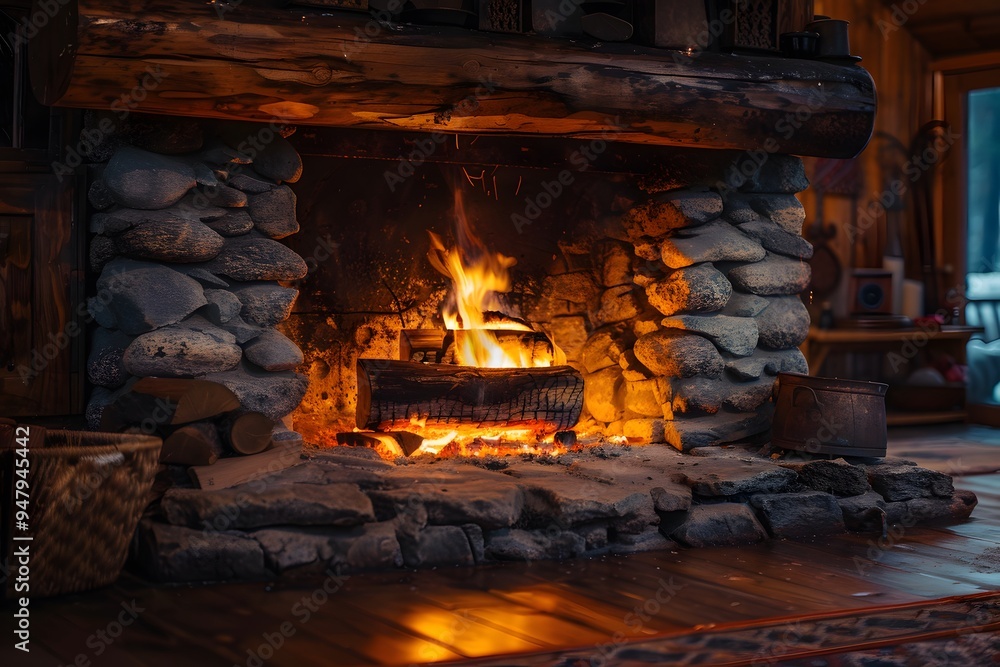 Cozy Cabin Fireplace with Warm Flames and Rustic Stone Surround Cozy Cabin Fireplace with Warm Flames and Rustic Stone Surround