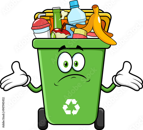 Green Recycle Trash Bin Cartoon Character Full With Garbage And Open Arms. Vector Hand Drawn Illustration Isolated On Transparent Background