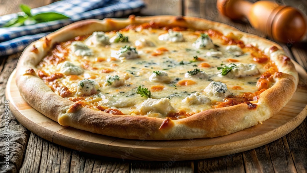 Delicious four cheese pizza with melted mozzarella, cheddar, parmesan, and gorgonzola, pizza, four cheese, melted Delicious four cheese pizza with melted mozzarella, cheddar, parmesan, and gorgonzola, pizza, four cheese, melted