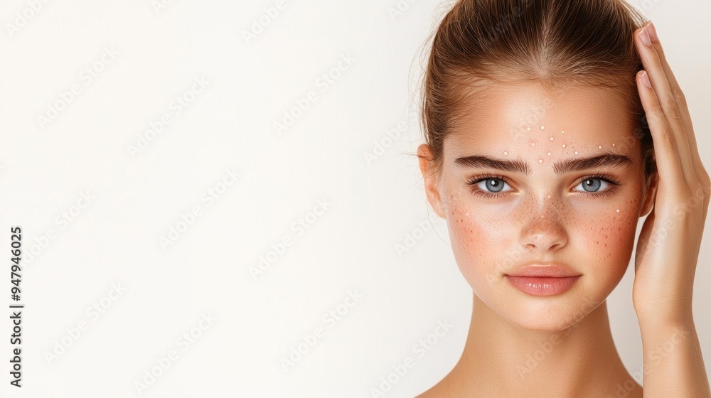 Teenage girl with acne on her forehead, holding her hair back to show her skin Teenage girl with acne on her forehead, holding her hair back to show her skin