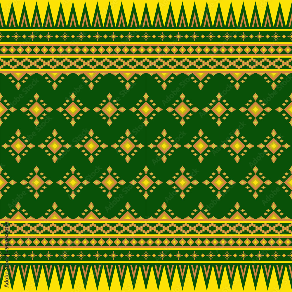 Geometric ethnic pattern in green and yellow color. Set of patterns. Seamless abstract folklore ornament, embroidery pattern style design for textile, texture, cover, wallpaper, printing, background. Geometric ethnic pattern in green and yellow color. Set of patterns. Seamless abstract folklore ornament, embroidery pattern style design for textile, texture, cover, wallpaper, printing, background.
