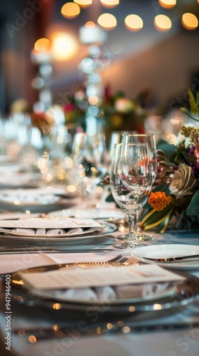 a formal event setup with elegant table settings, centerpieces, and ambient lighting, symbolizing sophisticated occasions.