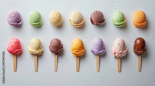 A delightful collection of colorful ice creams displayed on a white surface, featuring a variety of flavors and appealing textures