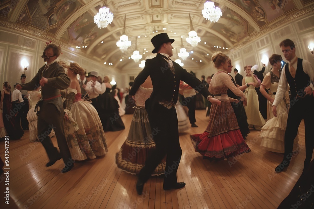 Elegant ballroom dance event in a historical venue with participants dressed in 19th-century attire during the evening Elegant ballroom dance event in a historical venue with participants dressed in 19th-century attire during the evening