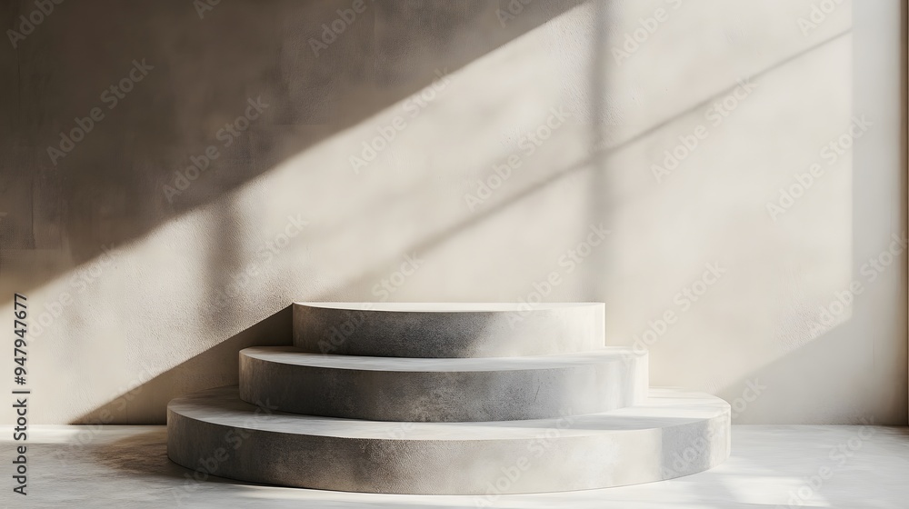 Naklejka premium A multi-tiered round podium with each level slightly offset, creating a dynamic display against a light-colored backdrop.